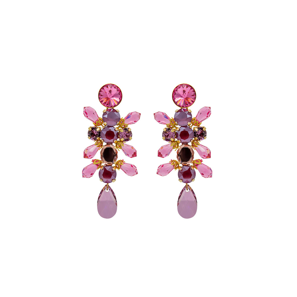 Burgundy Magnolia flower, Austrian crystal, 24k gold plated earrings