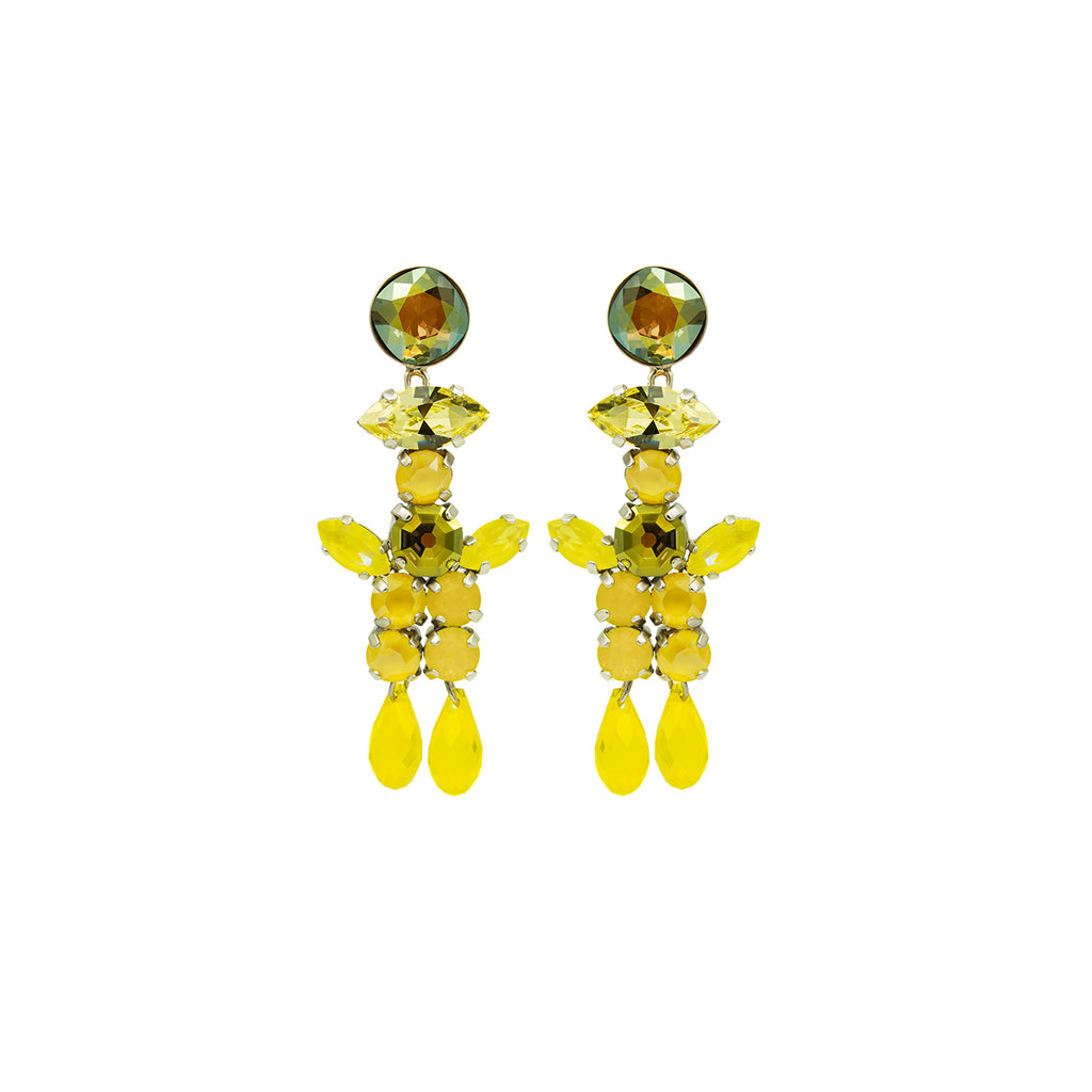 Yellow Magnolia flower, Austrian crystal, Silver earrings