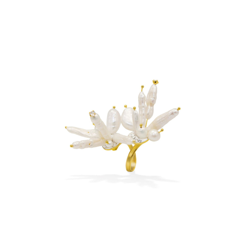 White baroque pearl gold plated Swarovski crystal luxury high statement ring by SILDAREjewelry