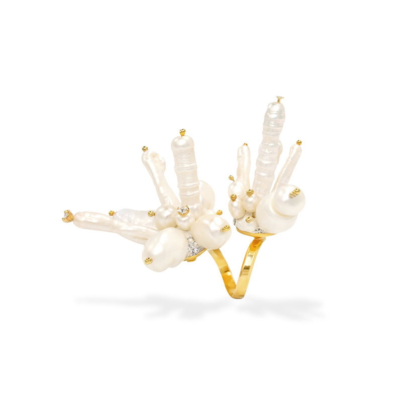 elegant art avant - garde Handcrafted 24k gold plated ring with natural baroque pearls from the Baroque collection