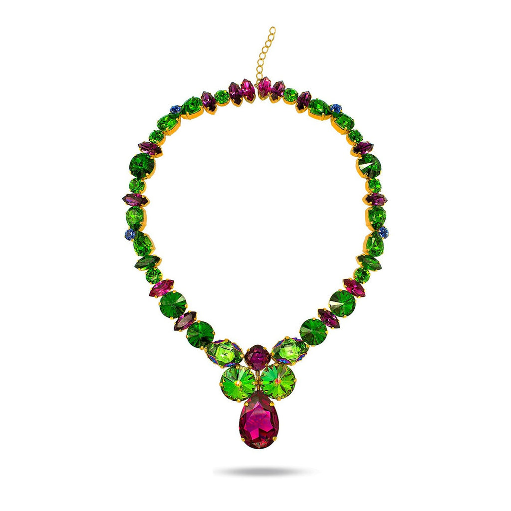 Green Fuchsia Multicolor Swarovski crystals, 24k Gold plated necklaceRed Scarlet Swarovski crystals gold plated long statement fine party classic baroque necklace