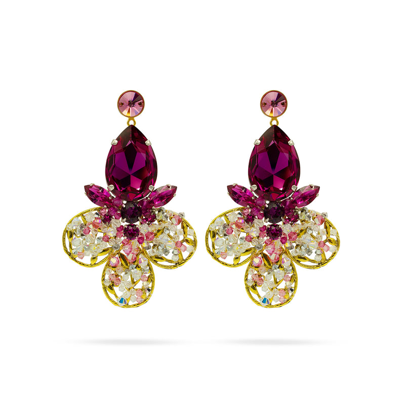 Bold floral statement earrings with fuchsia, blush pink and crystal tones crafted with 
Austrian crystals and gold plated finish. Inspired by blooming paradise gardens.
Handcrafted luxury jewelry by Sildare