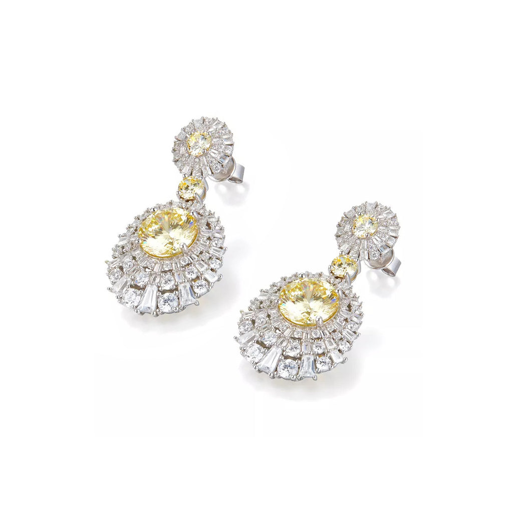 Luxury style women statement cubic Zirconia, yelloow cz gemstone, silver earrings