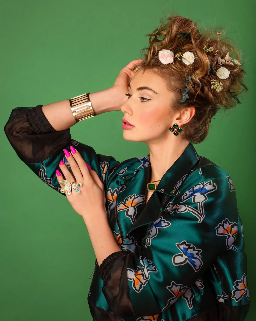 Magnolia Flower Swarovski crystals, 24K Gold plated wedding bridal fashion statement ring