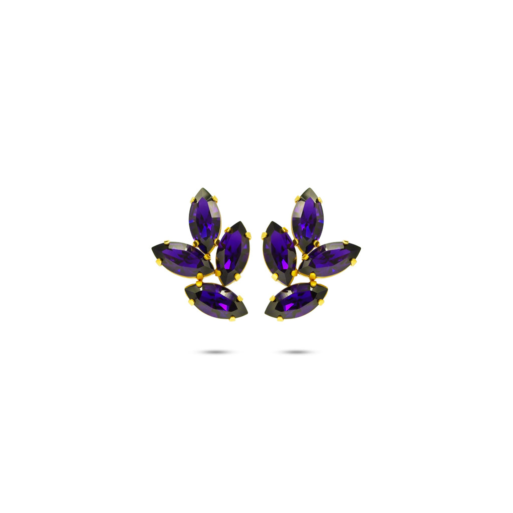 Bold floral statement earrings with Austrian crystals in purple tone, set in gold-plated base - Sildare Jewelry. Eye-catching and vibrant.