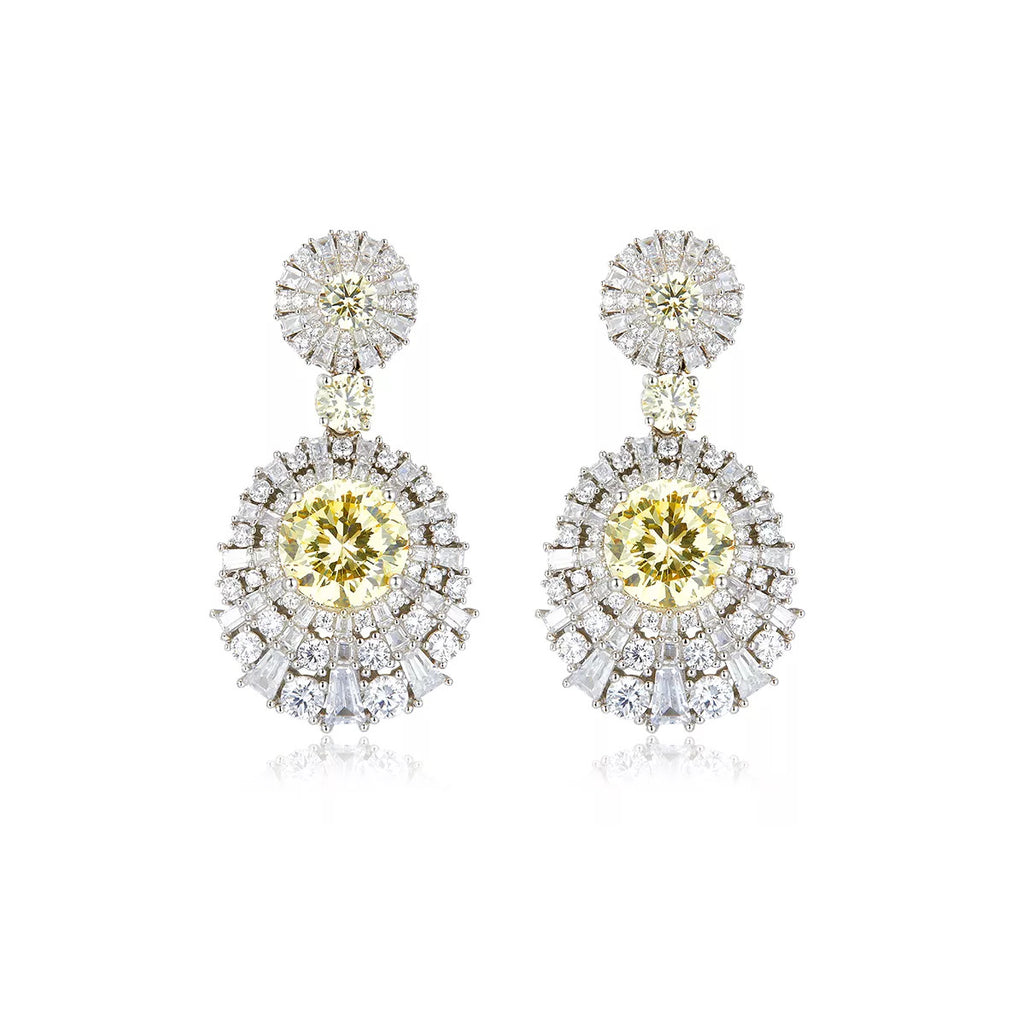 Luxury style women statement cubic Zirconia, yelloow cz gemstone, silver earrings