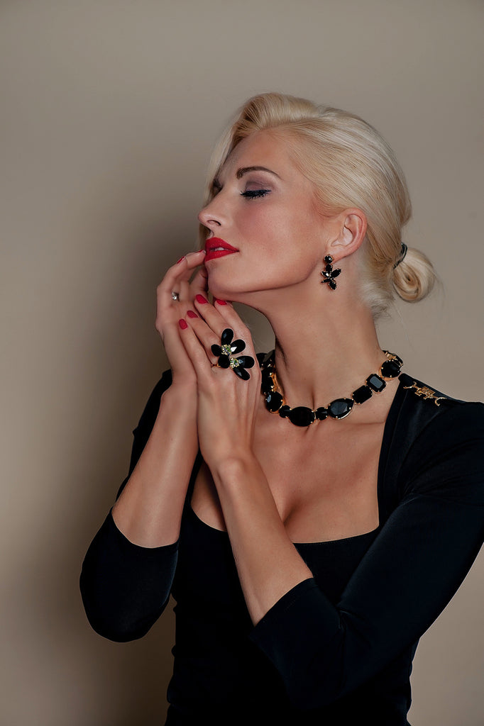 Black Swarovski crystals, 24k gold plated necklace