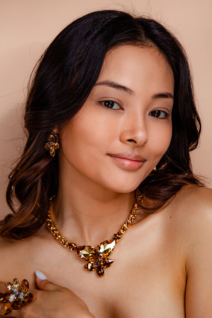 Smoked Topaz Swarovski crystals, 24k gold plated necklace