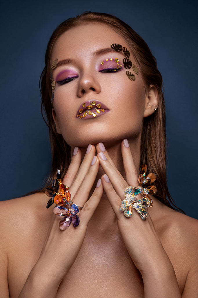 Magnolia Flower Swarovski crystals, 24K Gold plated wedding bridal fashion statement ring