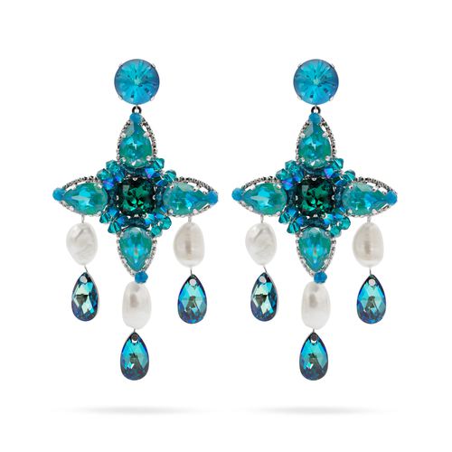 Blue Swarovski crystal Baroque pearls silver tone earrings