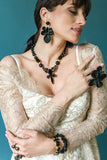 Black Swraovski crystals pearl gold plated statement luxury fine handmade ootd necklace earrings ring bracelet