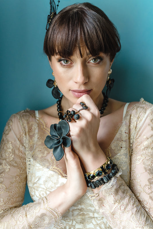 Black Swarovski crystal gold tone big statement fashion art luxury bracelet bracelet rings tourmaline bracelet