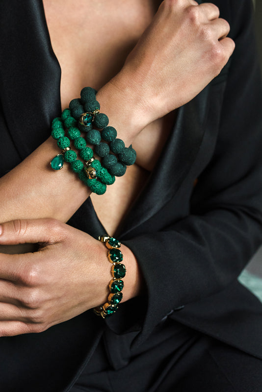 Green Volcanic Lava gemstone, Swarovski crystal, Gold plated bracelet