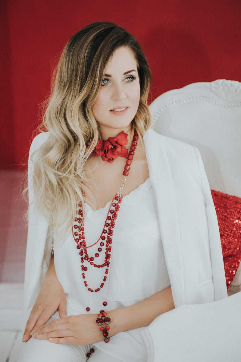 Red coral sterling silver long handmade luxury statement necklace