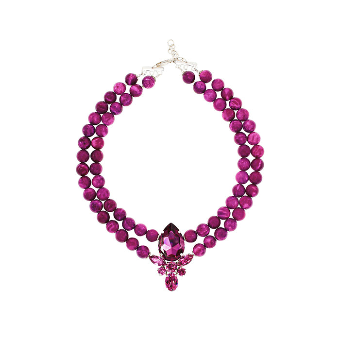Luxury silver‑tone fuchsia crystal statement necklace with high‑precision Austrian crystals and natural stone composite — bold contrast, vibrant tones, quiet elegance, refined feminine strength; perfect for weddings, evening events, party outfits, and elevated night‑out looks; handcrafted one‑of‑a‑kind jewelry by SILDARE Jewelry