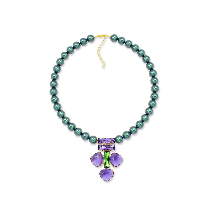 Multicolor teal pearl crystal gold necklace handmade luxury jewelry Sildare Austrian crystals. Luxury gold‑plated teal pearl necklace with high‑precision Austrian crystals and pearls — perfect for weddings, evening events, bridal elegance, and refined classic old‑money style; handcrafted one‑of‑a‑kind jewelry by SILDARE Jewelry