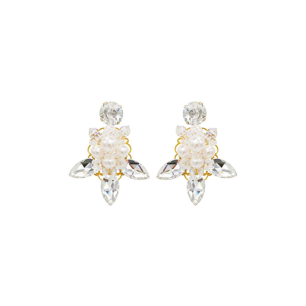 Elegant bridal statement earrings with pearls and clear Austrian crystals in floral design, gold-plated finish. Perfect for weddings or formal occasions - Sildare Jewelry.
