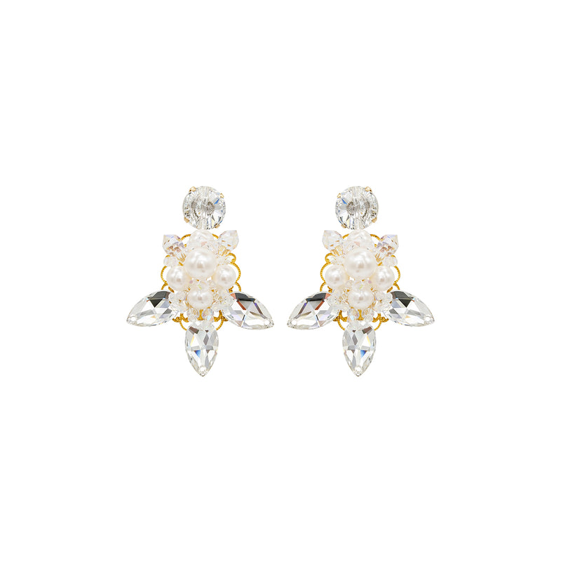 Elegant bridal statement earrings with pearls and clear Austrian crystals in floral design, gold-plated finish. Perfect for weddings or formal occasions - Sildare Jewelry.