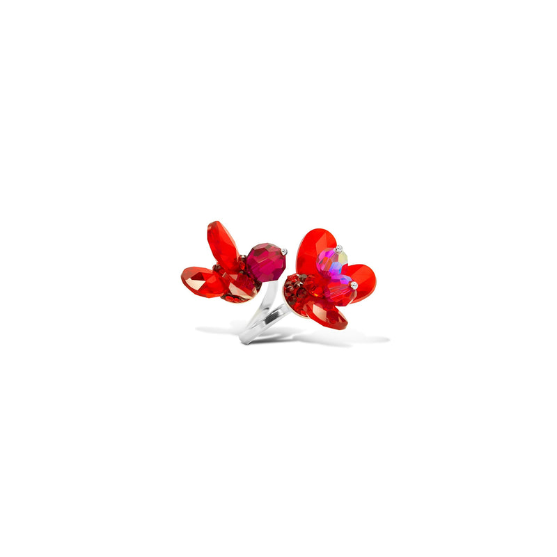 Luxury sterling‑silver red crystal statement ring set with high‑precision Austrian crystals — minimalist sculptural design; handcrafted one‑of‑a‑kind jewelry by SILDARE Jewelry, bold statement ring for refined feminine style