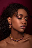 Luxury gold‑plated burgundy crystal drop earrings with high‑precision Austrian crystals — minimalist sculptural design; handcrafted one‑of‑a‑kind jewelry by SILDARE Jewelry, elegant evening earrings for refined feminine style