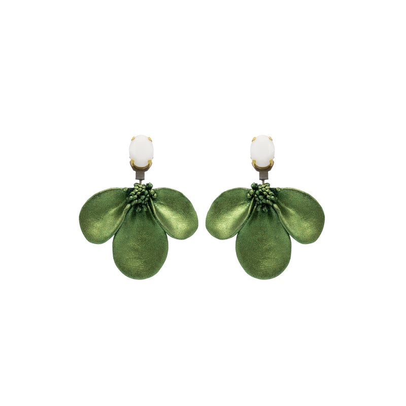 Luxury sterling silver green magnolia‑inspired crystal clip‑on earrings — soft floral forms, luminous elegance, refined feminine grace; perfect for Summer outfit looks,perfect for weddings, evening events, garden celebrations, party outfits, and elevated daytime looks; handcrafted one‑of‑a‑kind jewelry by SILDARE Jewelry