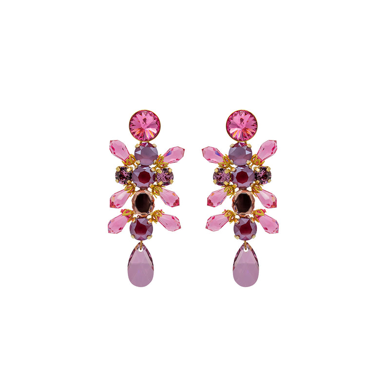 Burgundy Magnolia flower, Austrian crystal, 24k gold plated earrings