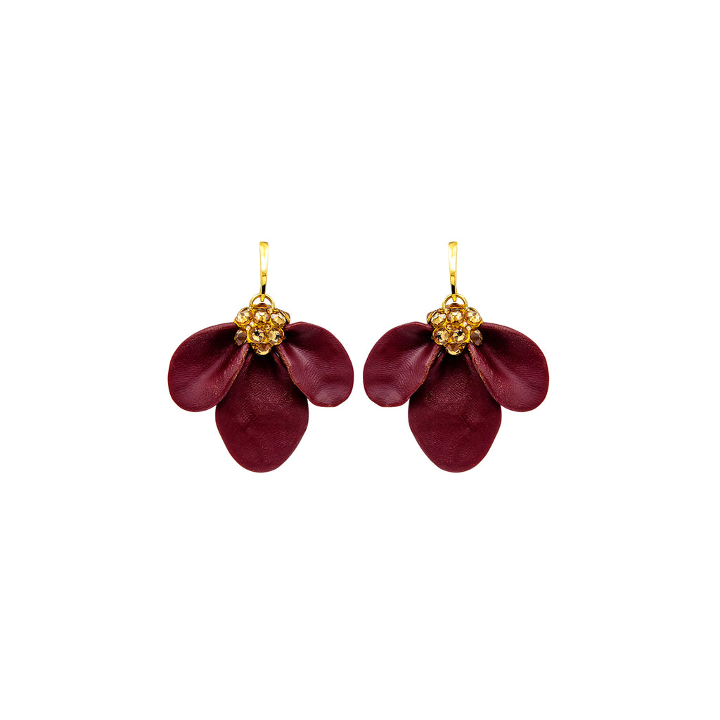 Burgundy Magnolia flower, Austrian crystal, 24k gold plated earrings