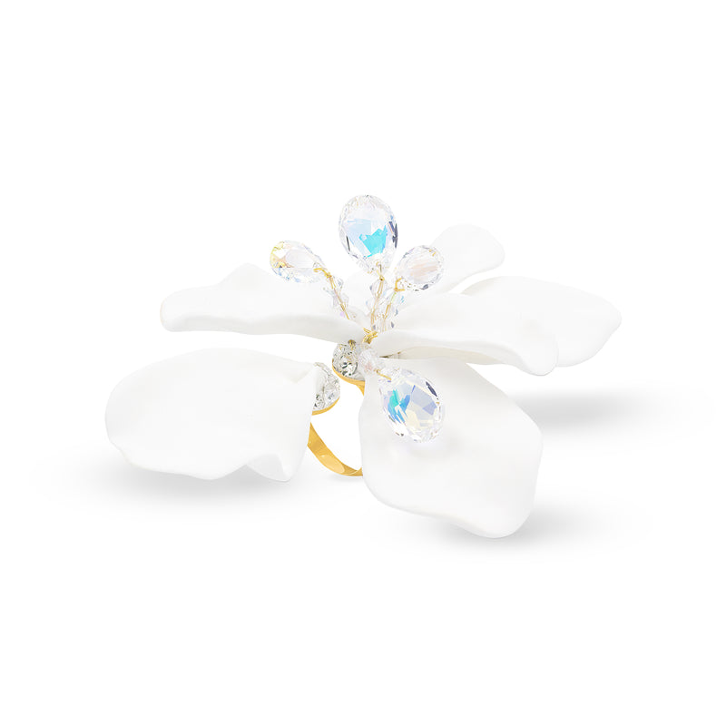 SILDARE Jewelry white floral statement ring with sculptural petals, iridescent crystal accents and gold‑tone band — perfect for weddings, special events, fine‑dining evenings and luxury galas; handcrafted one‑of‑a‑kind design.