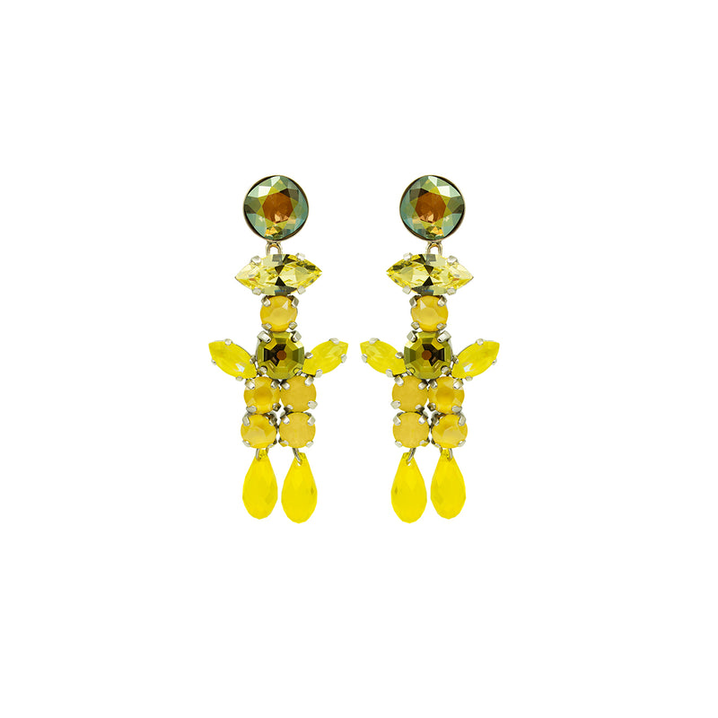 Yellow Magnolia flower, Austrian crystal, Silver earrings