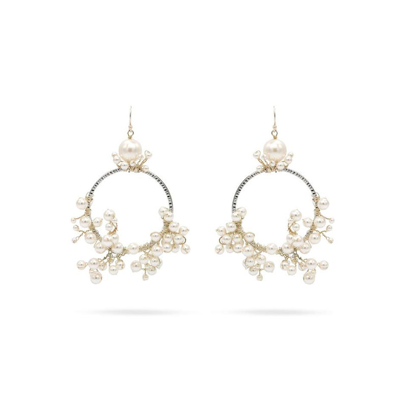 Luxury silver‑plated white pearl hoop statement earrings with high‑precision Austrian pearls — perfect for weddings, evening events, bridal elegance, and refined classic old‑money style; handcrafted one‑of‑a‑kind jewelry by SILDARE Jewelry