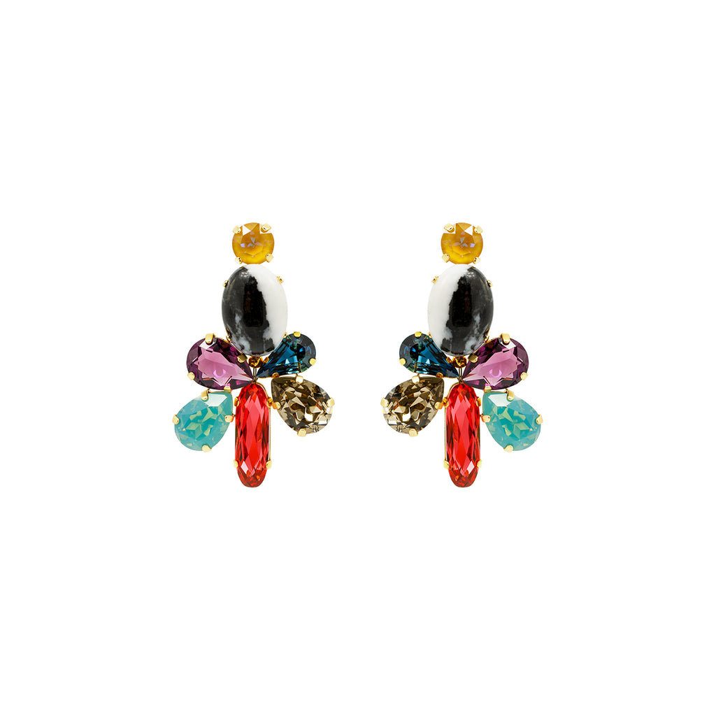 Bold floral statement earrings with multicolored Austrian crystals in yellow, black, red, teal, and purple tones, set in gold-tone base - Sildare Jewelry. Eye-catching and vibrant.