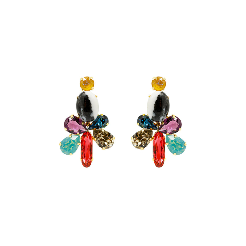 Bold floral statement earrings with multicolored Austrian crystals in yellow, black, red, teal, and purple tones, set in gold-tone base - Sildare Jewelry. Eye-catching and vibrant.