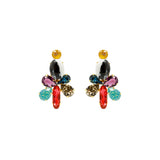 Bold floral statement earrings with multicolored Austrian crystals in yellow, black, red, teal, and purple tones, set in gold-tone base - Sildare Jewelry. Eye-catching and vibrant.