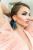 Luxury 24‑carat gold‑plated blue and green crystal statement earrings with high‑precision Austrian crystals — bold contrast, deep tones, quiet elegance, refined feminine strength; perfect for weddings, evening events, party outfits, and elevated night‑out looks; handcrafted one‑of‑a‑kind jewelry by SILDARE Jewelry