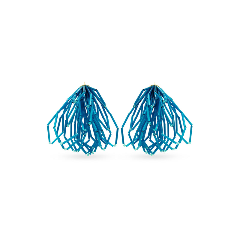 SILDARE Jewelry blue bugle bead cascade earrings — luxury one‑of‑a‑kind fine women’s jewelry with sculptural modern design.