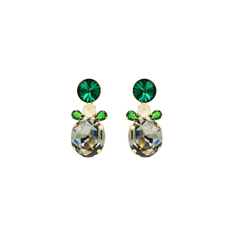 Bold floral statement earrings with multicolored Austrian crystals in green, gray,white tones, set in gold-plated base - Sildare Jewelry. Eye-catching and vibrant.