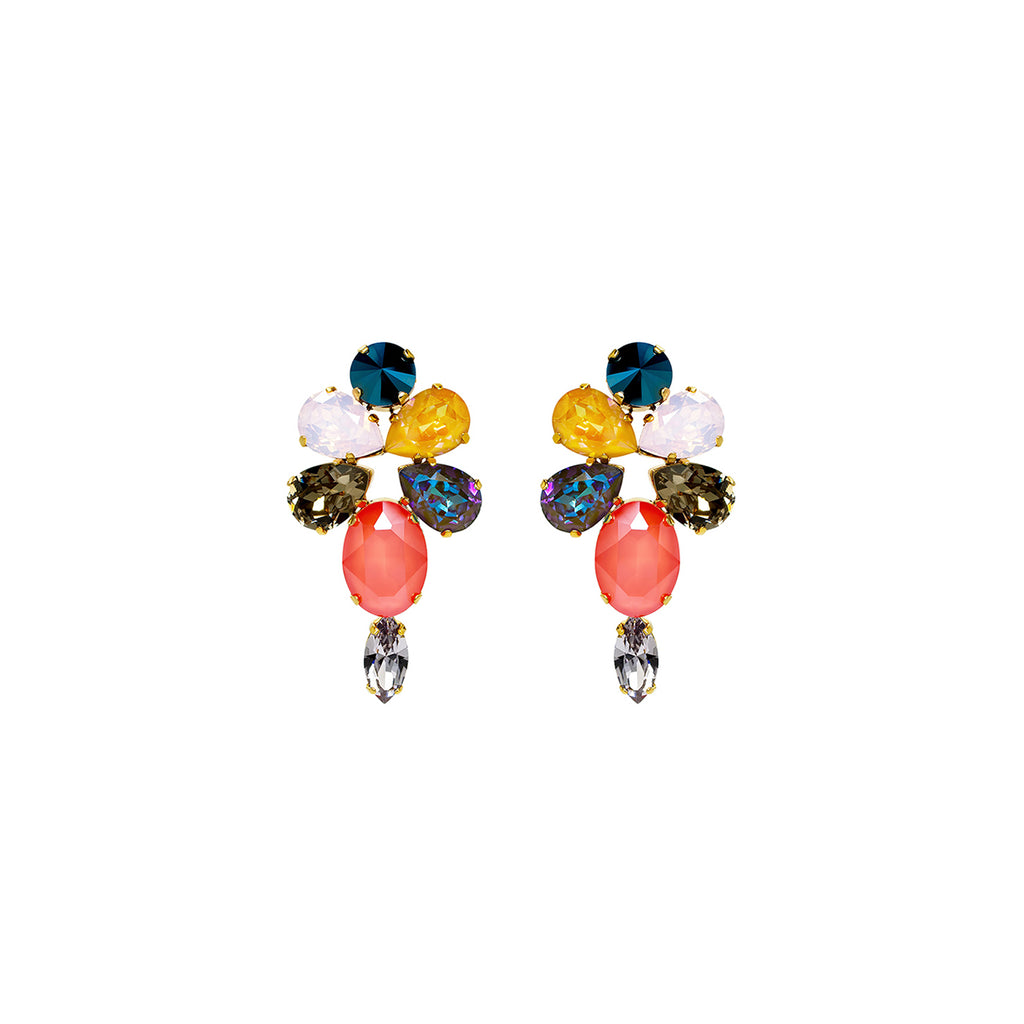 Bold floral statement earrings with multicolored Austrian crystals in yellow, red, teal, and purple tones, set in gold-plated base - Sildare Jewelry. Eye-catching and vibrant.