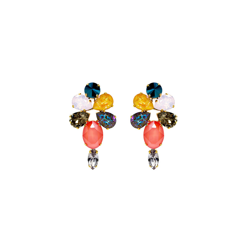 Bold floral statement earrings with multicolored Austrian crystals in yellow, red, teal, and purple tones, set in gold-plated base - Sildare Jewelry. Eye-catching and vibrant.