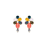 Bold floral statement earrings with multicolored Austrian crystals in yellow, red, teal, and purple tones, set in gold-plated base - Sildare Jewelry. Eye-catching and vibrant.