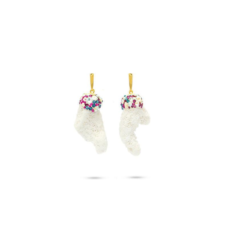 Luxury gold‑plated drop earrings with high‑precision Austrian crystals and natural coral— perfect for weddings, evening events, bridal elegance, and refined classic old‑money style; handcrafted one‑of‑a‑kind jewelry by SILDARE Jewelry