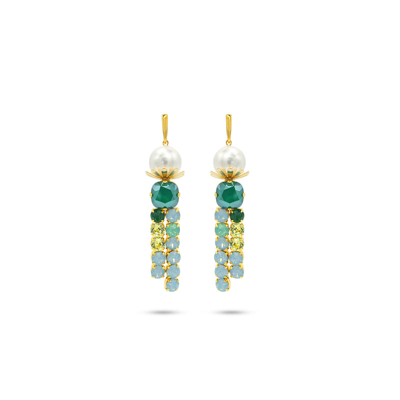 Luxury gold‑plated statement earrings with high‑precision Austrian crystals and pearls — perfect for weddings, evening events, bridal elegance, and refined classic old‑money style; handcrafted one‑of‑a‑kind jewelry by SILDARE Jewelry