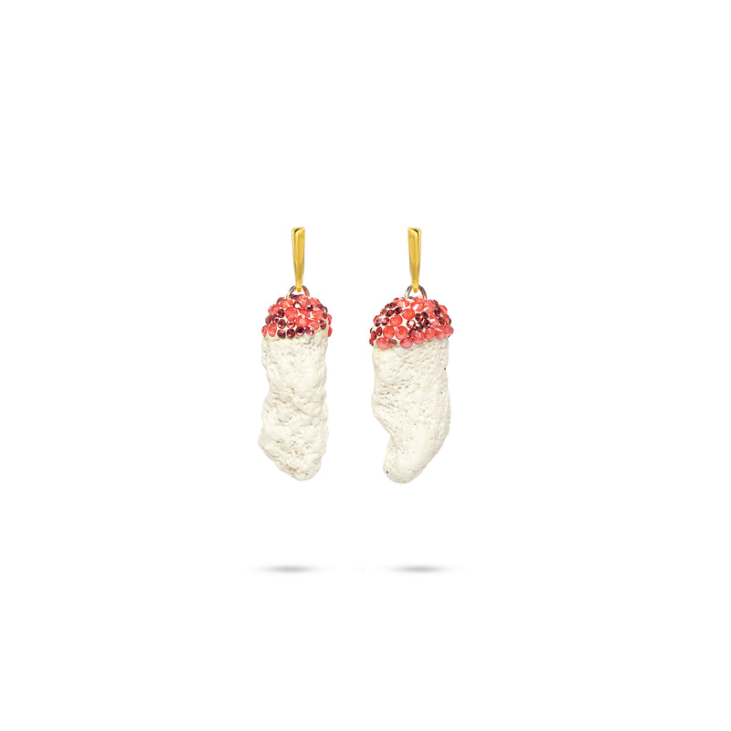 Luxury gold-plated white drop earrings with high‑precision Austrian crystals and natural coral gemstone — perfect for weddings, evening events, bridal elegance, and refined classic old‑money style; handcrafted one‑of‑a‑kind jewelry by SILDARE Jewelry