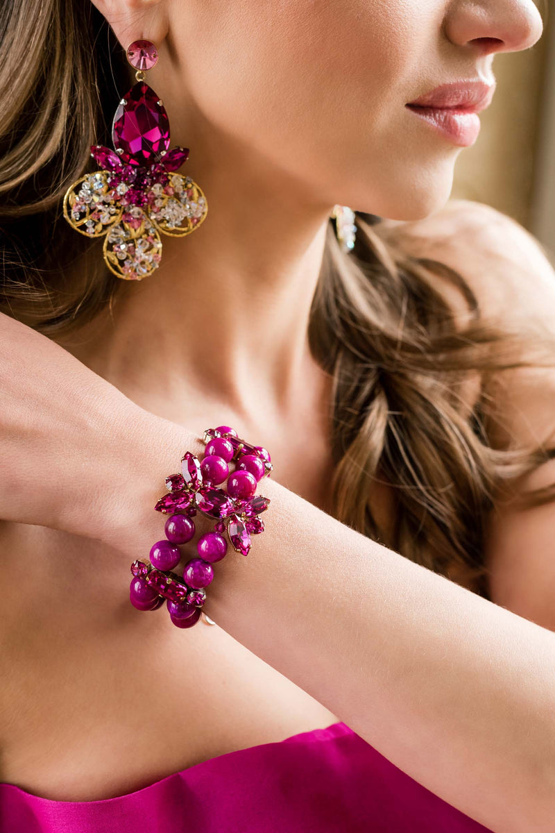 Luxury 24‑carat gold‑plated fuchsia crystal statement earrings with high‑precision Austrian crystals — bold contrast, vibrant tones, quiet elegance, refined feminine strength; perfect for weddings, evening events, party outfits, and elevated night‑out looks; handcrafted one‑of‑a‑kind jewelry by SILDARE Jewelry