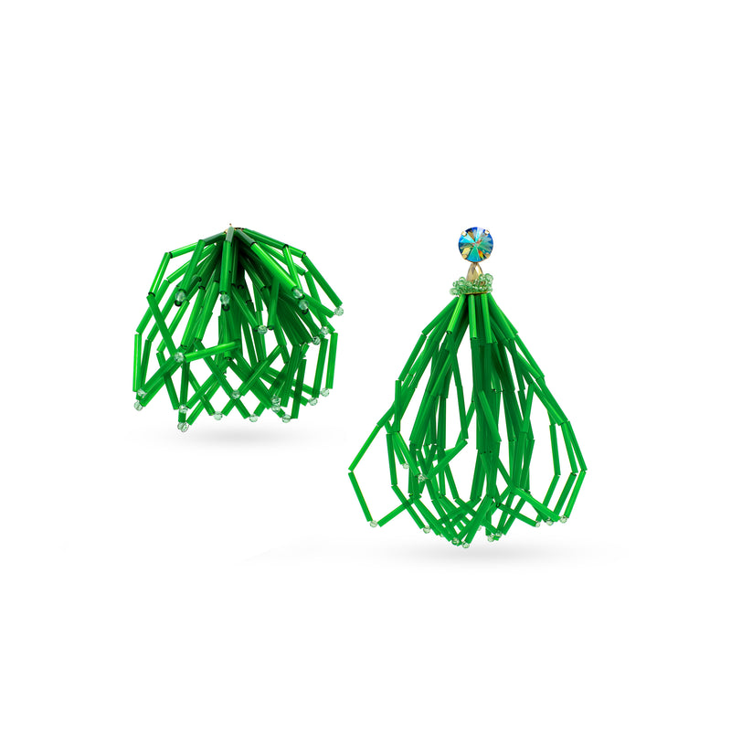 SILDARE Jewelry emerald‑green bugle bead earrings with iridescent crystal stud — luxury one‑of‑a‑kind fine women’s jewelry