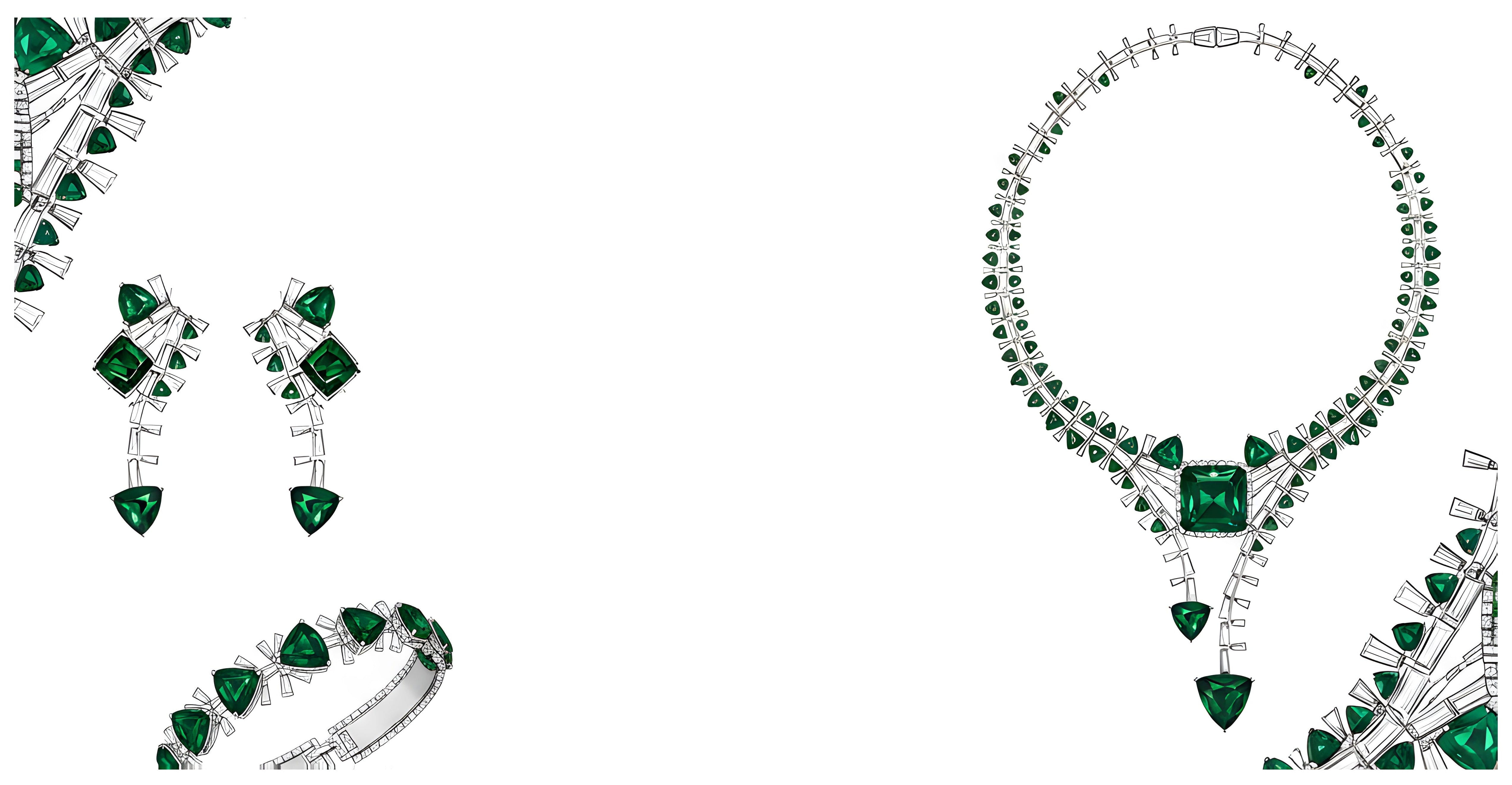 High‑luxury emerald and diamond necklace with matching earrings — handcrafted white‑gold design featuring Cushion‑cut emeralds, Cushion Trillion‑cut emeralds, Tapered Baguette‑cut diamonds and Asscher‑cut diamonds, created as a unique one‑of‑a‑kind piece by SILDARE Jewelry