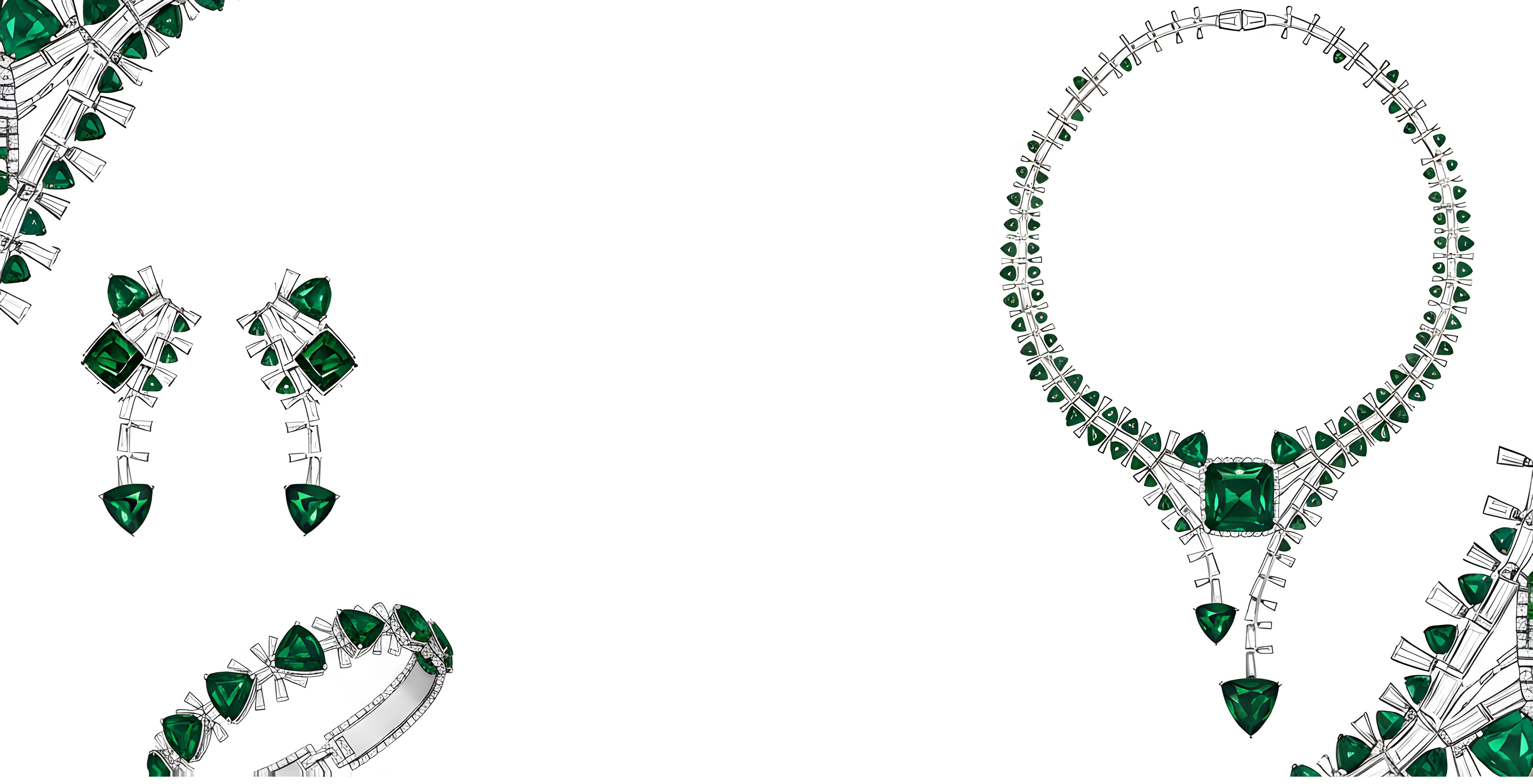 High‑luxury emerald and diamond necklace with matching earrings — handcrafted white‑gold design featuring Cushion‑cut emeralds, Cushion Trillion‑cut emeralds, Tapered Baguette‑cut diamonds and Asscher‑cut diamonds, created as a unique one‑of‑a‑kind piece by SILDARE Jewelry