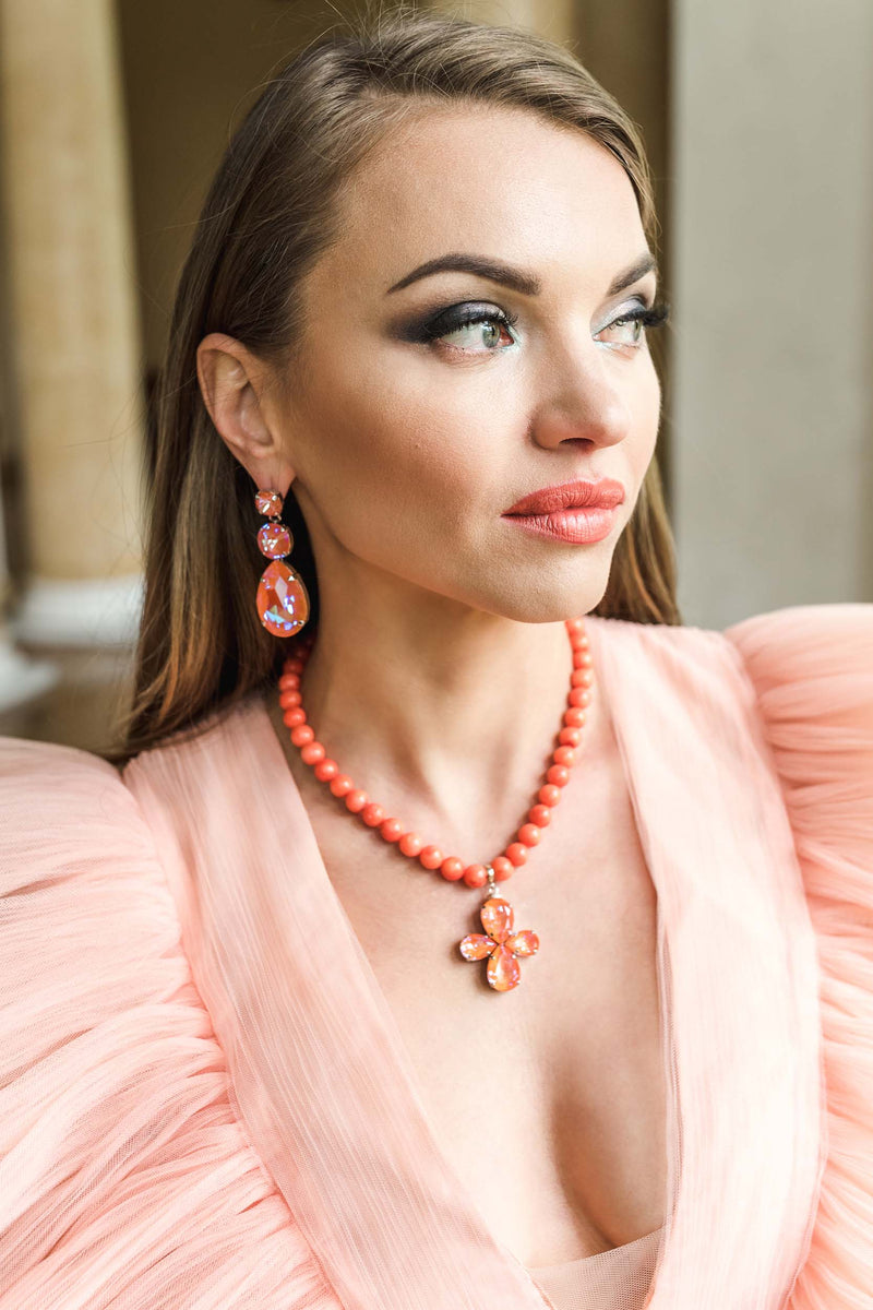 Luxury sterling‑silver orange coral statement necklace with high‑precision Austrian crystals and natural coral gemstone — perfect for weddings, evening events, bridal elegance, and refined classic old‑money style; handcrafted one‑of‑a‑kind jewelry by SILDARE Jewelry