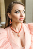 Luxury sterling‑silver orange coral statement necklace with high‑precision Austrian crystals and natural coral gemstone — perfect for weddings, evening events, bridal elegance, and refined classic old‑money style; handcrafted one‑of‑a‑kind jewelry by SILDARE Jewelry