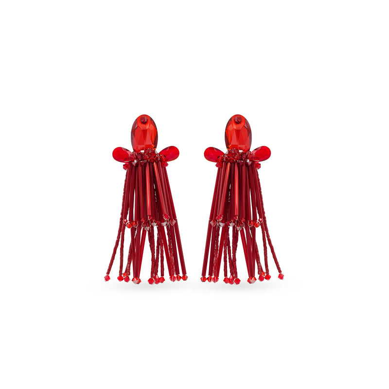 SILDARE Jewelry red bugle bead tassel earrings with faceted crystal top — luxury one‑of‑a‑kind fine women’s jewelry