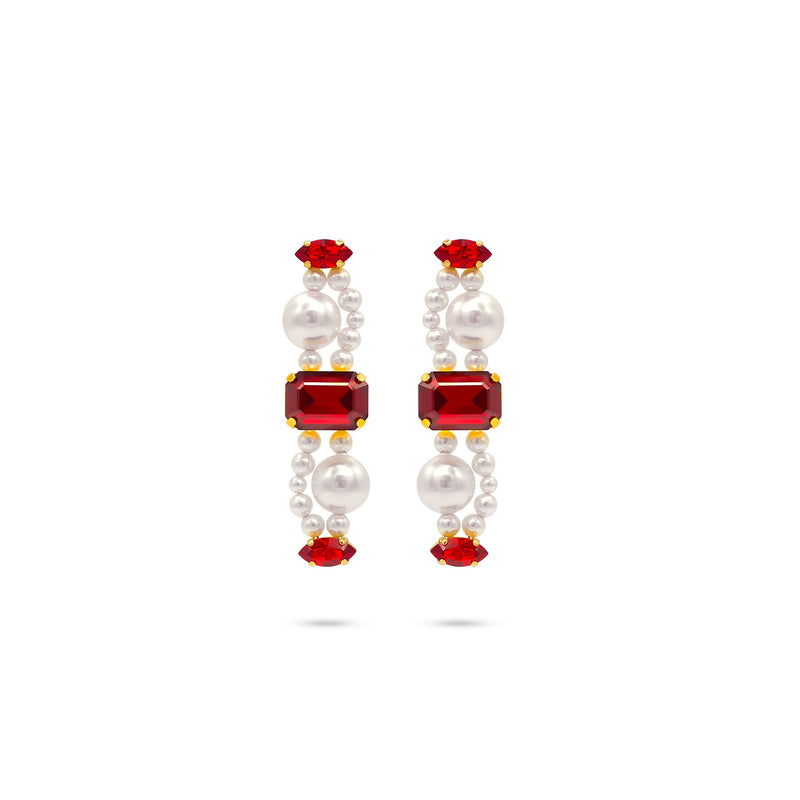 Luxury white red gold‑tone statement earrings with high‑precision Austrian crystals and pearls — perfect for weddings, evening events, bridal elegance, and refined classic old‑money style; handcrafted one‑of‑a‑kind jewelry by SILDARE Jewelry